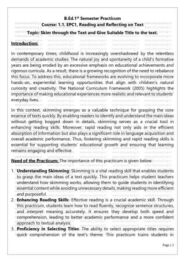 Skim Through the Text & Assign a Suitable Title – B.Ed. Practicum (EPC 1.1) - Image 2